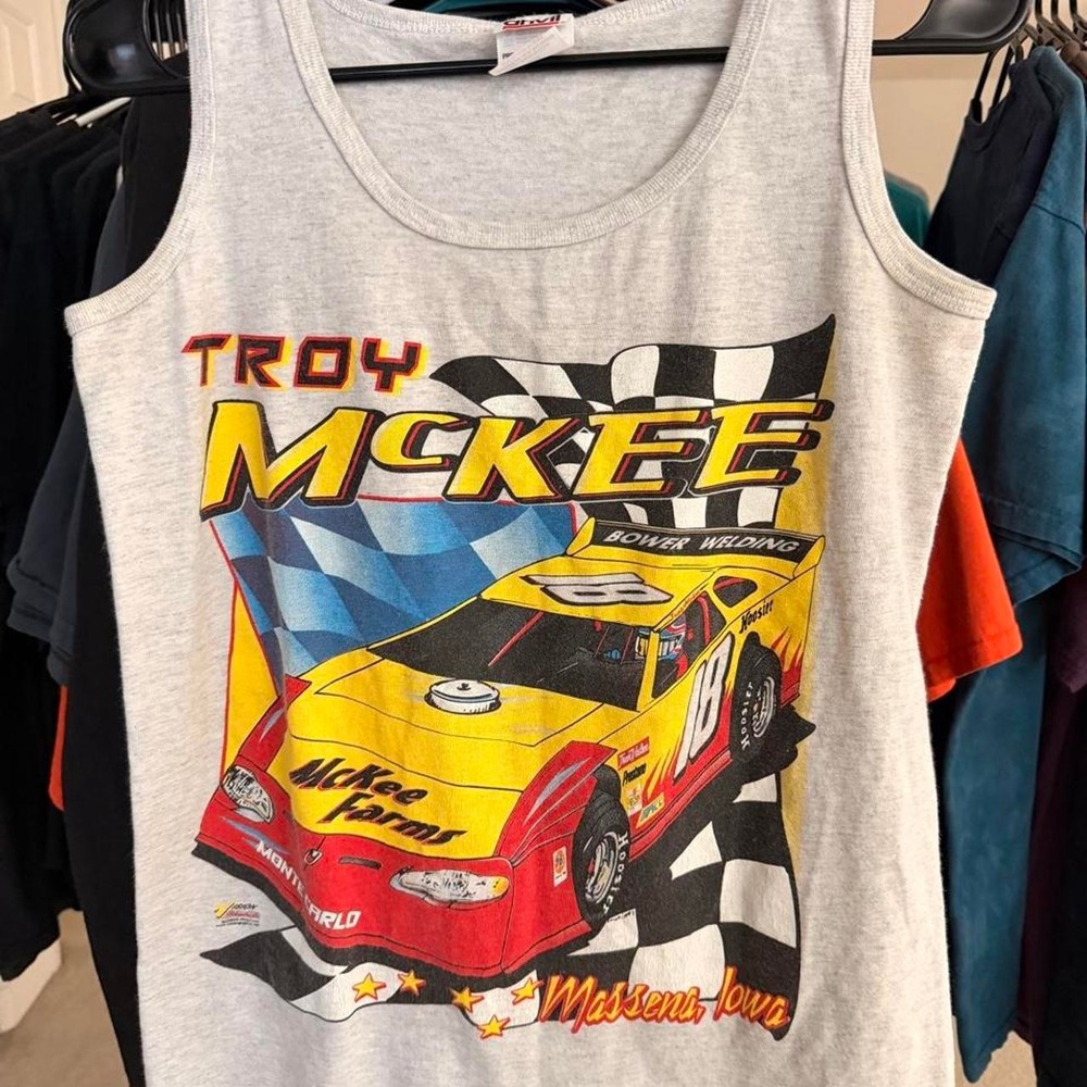 Gray NASCAR tank top with yellow/red race car graphic featuring 'TROY MCKEE'